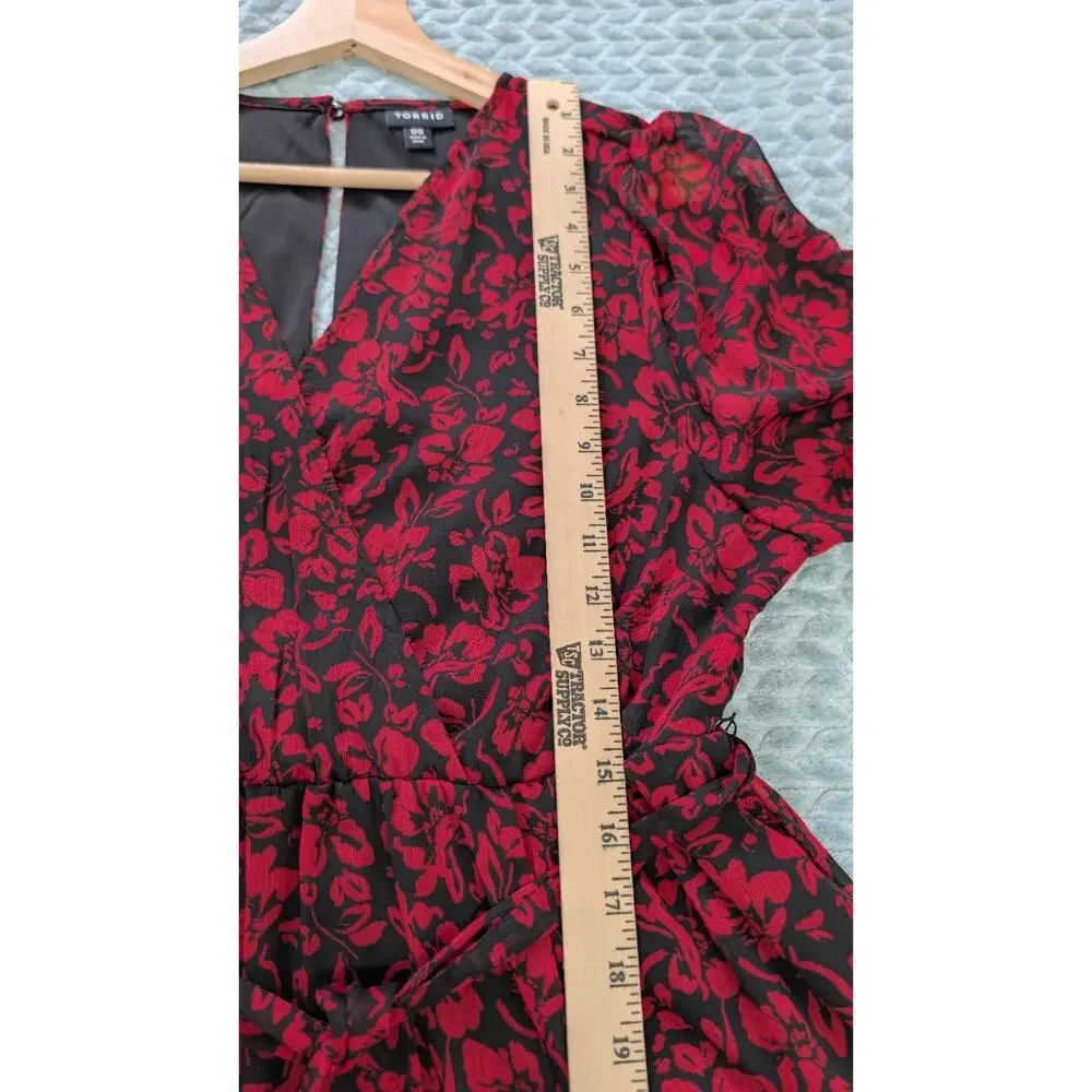 Torrid Black Red Midi Dress 00 Large V Neck sheer Balloon Sleeve Pockets - Picture 9 of 14